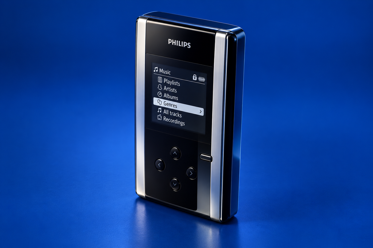 AI-generated illustration of a Philips HDD100 from an elevated three-quarter angle on a deep blue background with blue reflections on its black and silver body.