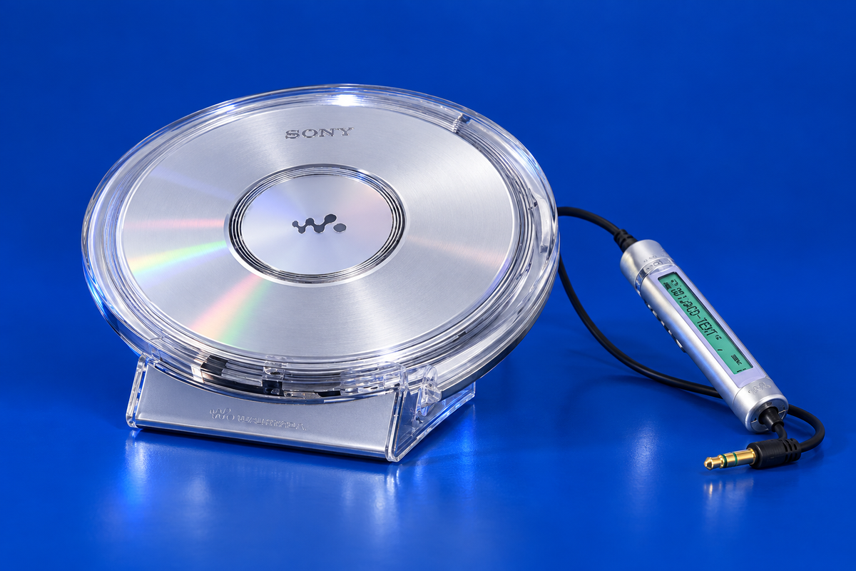 Illustrative silver Sony D-NE1 portable CD Walkman with transparent lid and remote on a deep blue background.